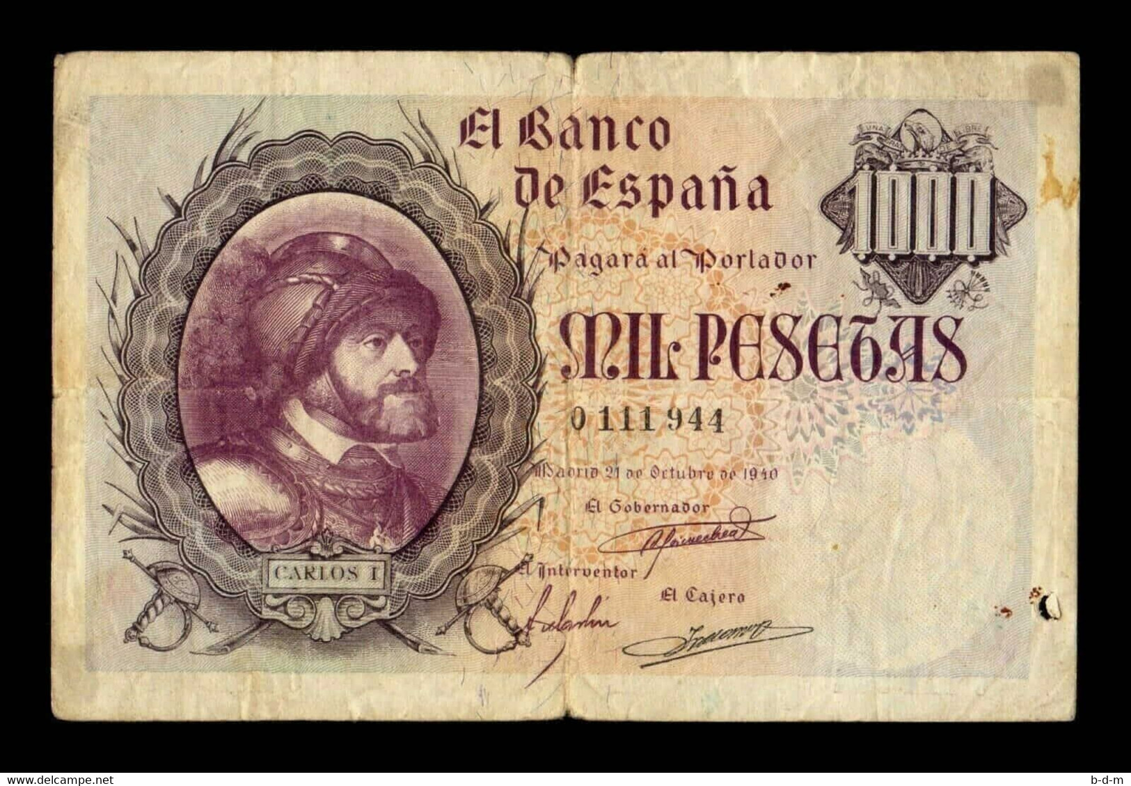 España Spain 1000 Pesetas Carlos I 1940 Pick 125 BC F - 1000 Pesetas