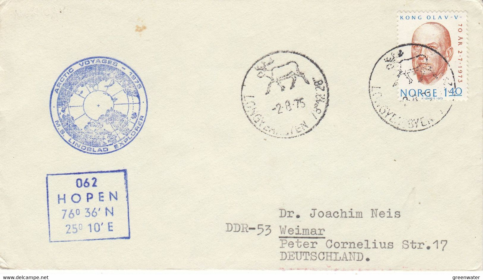 Spitsbergen 1975 Cover Ca Longyearbyen 2-8-75 Ca Hopen, Ca Arctic Voyages Ms Lindblad (53171) - Other & Unclassified