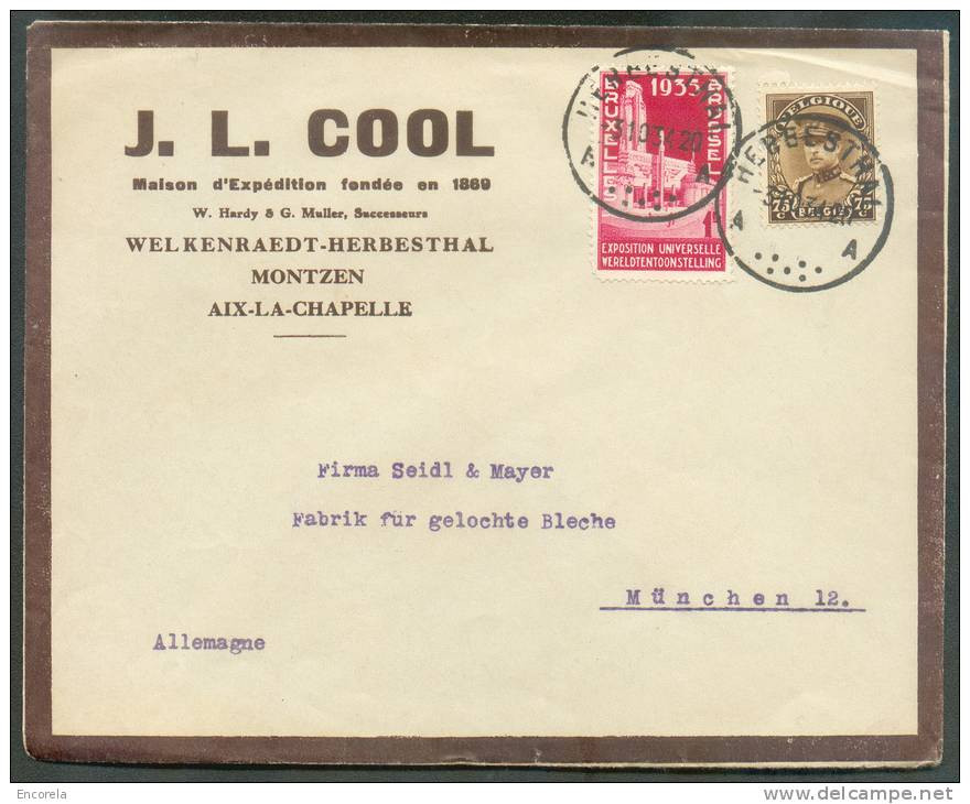 Lettre à En-tête J.L. COOL Maison D'édition Welkenraedt-herbesthal Montzen Et Aix-la-Chapelle, Affranchie De 75 Cent; Ké - 1931-1934 Képi