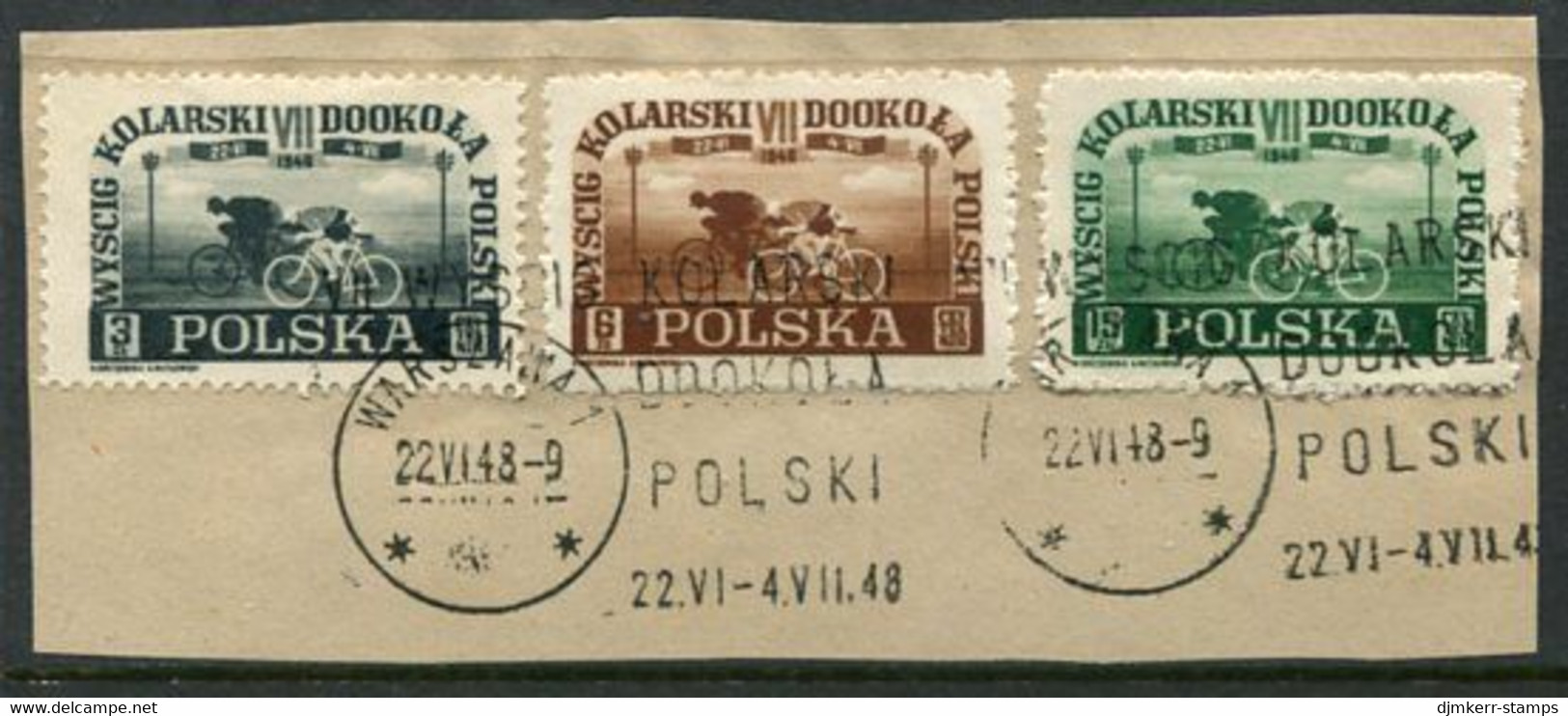 POLAND 1948  Around Poland Cycle Race, Used On Piece.  Michel 487-89 - Usados