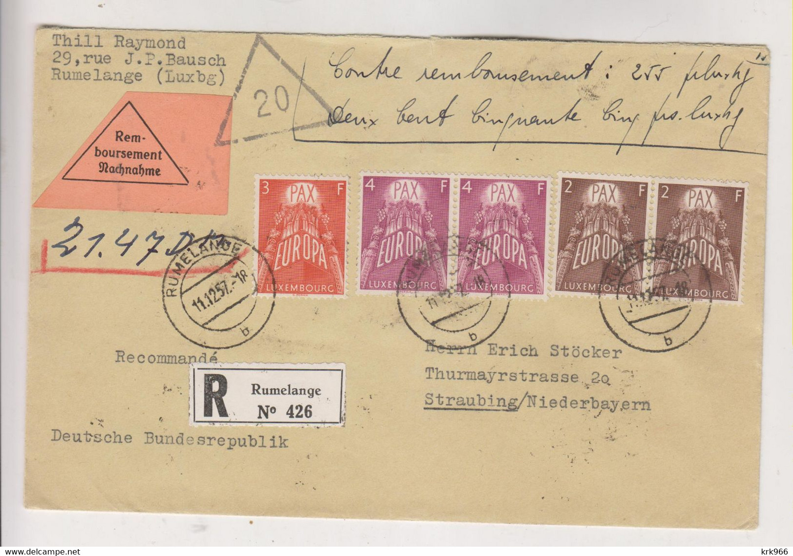 LUXEMBOURG 1957  RUMELANGE Nice Registered Cover To Germany EUROPA CEPT - Covers & Documents