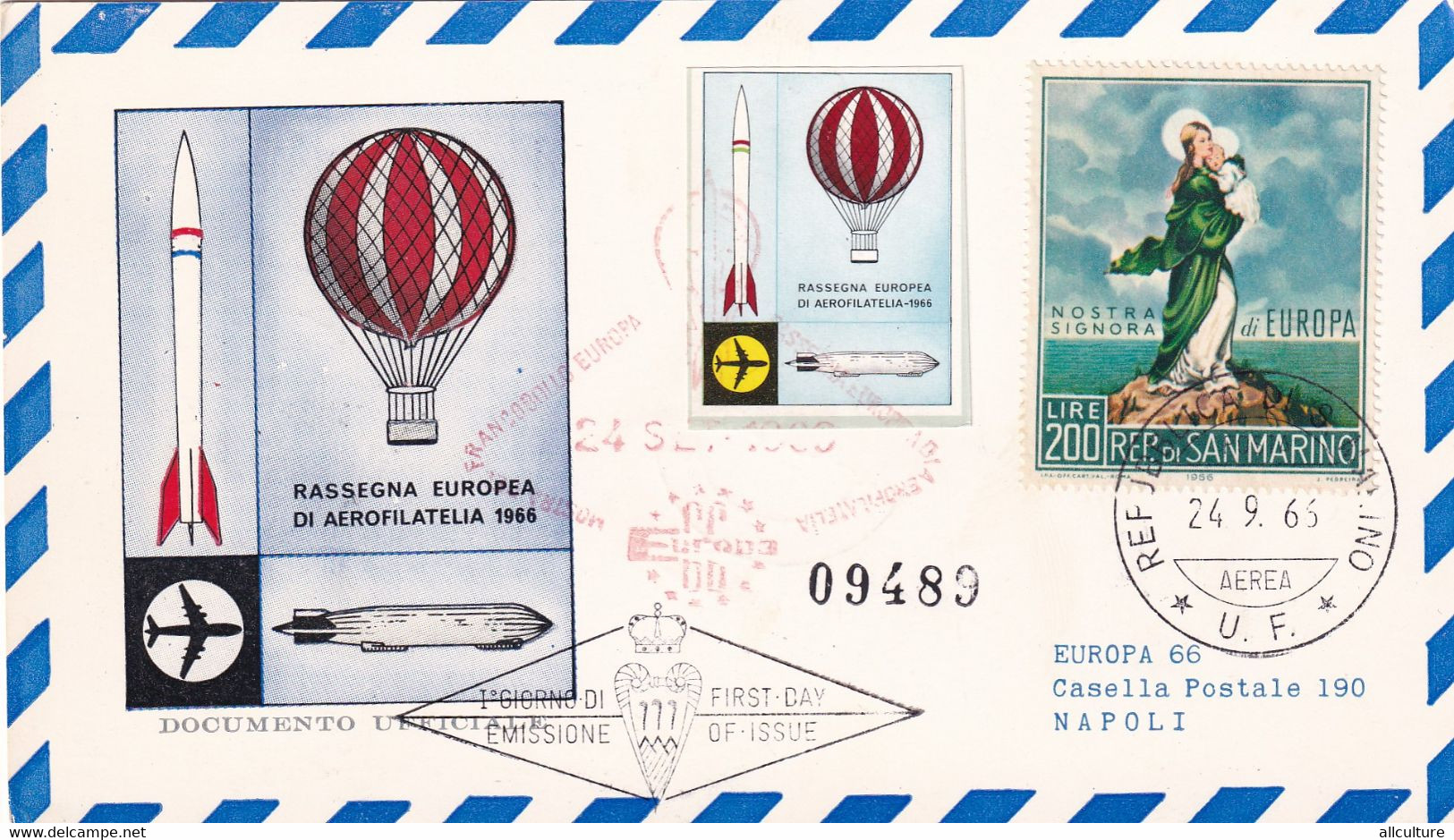 A10911- RASSEGNA EUROPEA DI AEROFILATELIA 1966, FDC, SAN MARINO REPUBLIC USED STAMPS SENT TO NAPOLI ITALIA - Cartas & Documentos