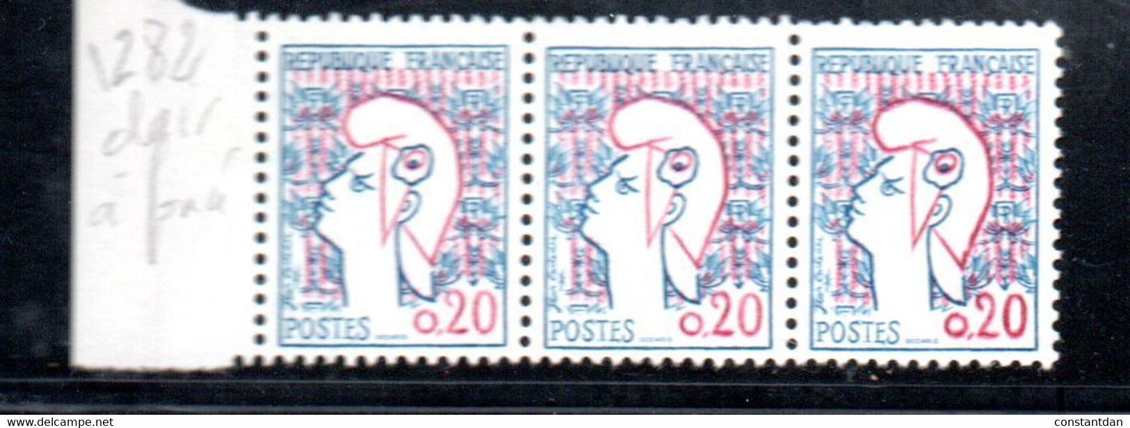 FRANCE N° 1282 0.20 BLEU ET ROUGE TYPE MARIANNE DE COCTEAU CLAIR A FONCE BANDE DE 3 TPS NEUF SANS CHARNIERE - Ongebruikt