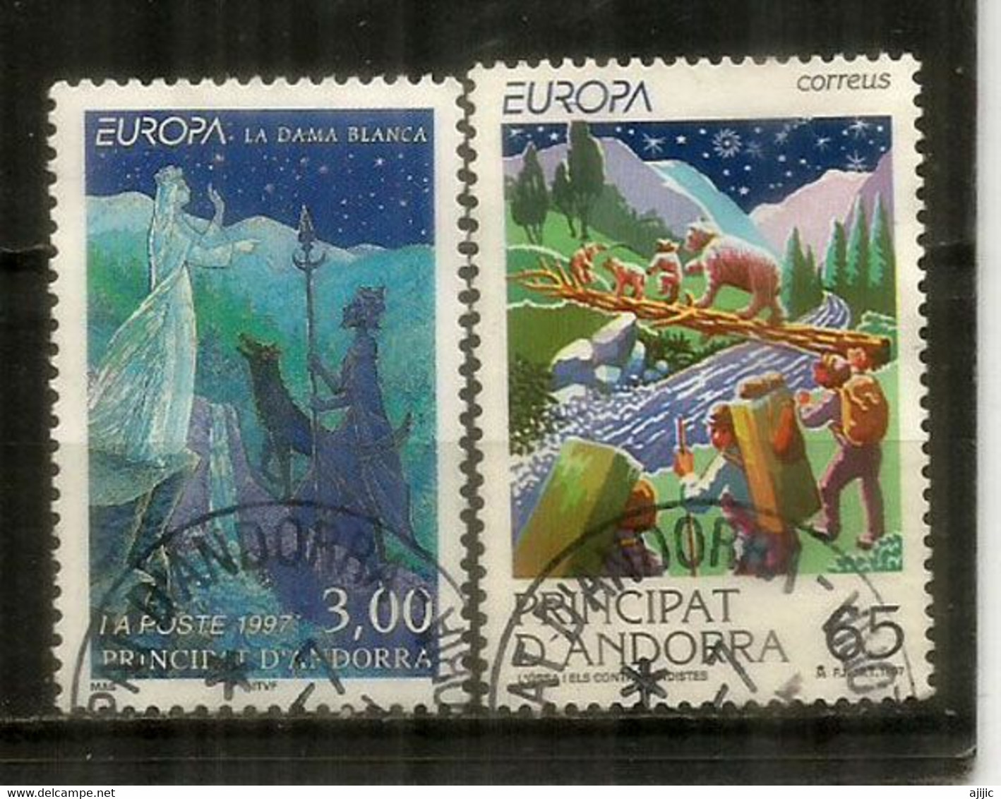 ANDORRA.Europa 1997,légendes.l'Ours & Contrebandiers & Dame Blanche Protectrice Des Loups. 2 Timbres Oblit.1 ère Qualité - Gebraucht