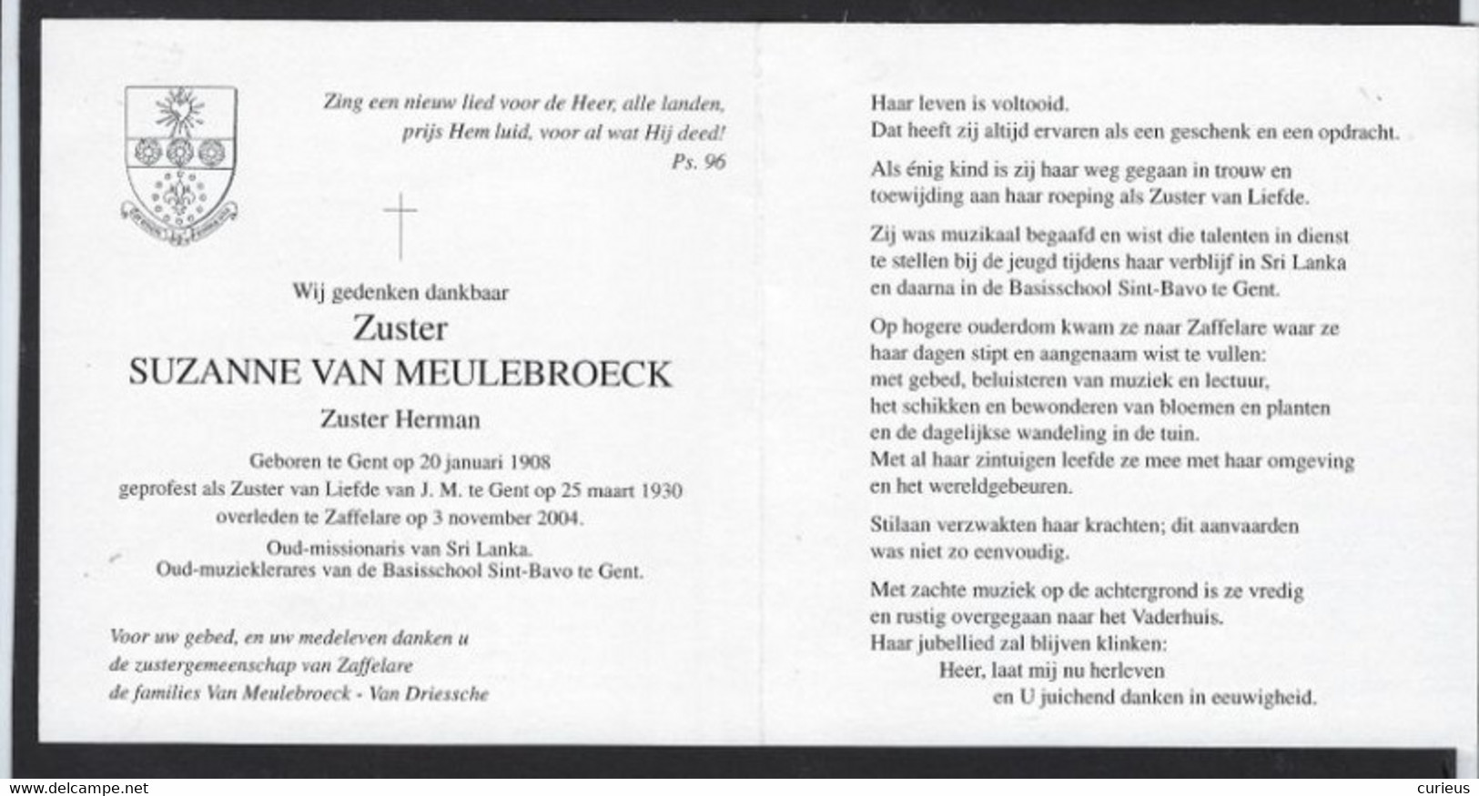 ZUSTER HERMAN * SUZANNE VAN MEULEBROECK * ° GENT * + ZAFFELARE 2004 * OUD MISSIONARIS SRI LANKA * FOTO - Obituary Notices