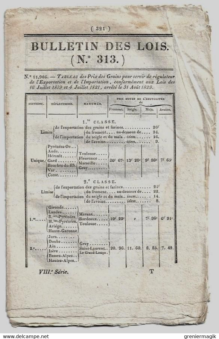 Bulletin Des Lois 313 1829 Frayssinous Evêque D'Hermopolis/Legs Auget De Monthyon Académie Des Sciences/Huissiers - Décrets & Lois