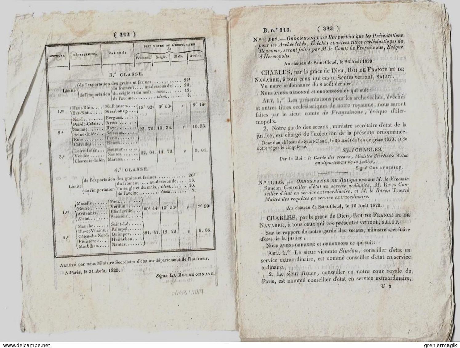 Bulletin Des Lois 313 1829 Frayssinous Evêque D'Hermopolis/Legs Auget De Monthyon Académie Des Sciences/Huissiers - Décrets & Lois