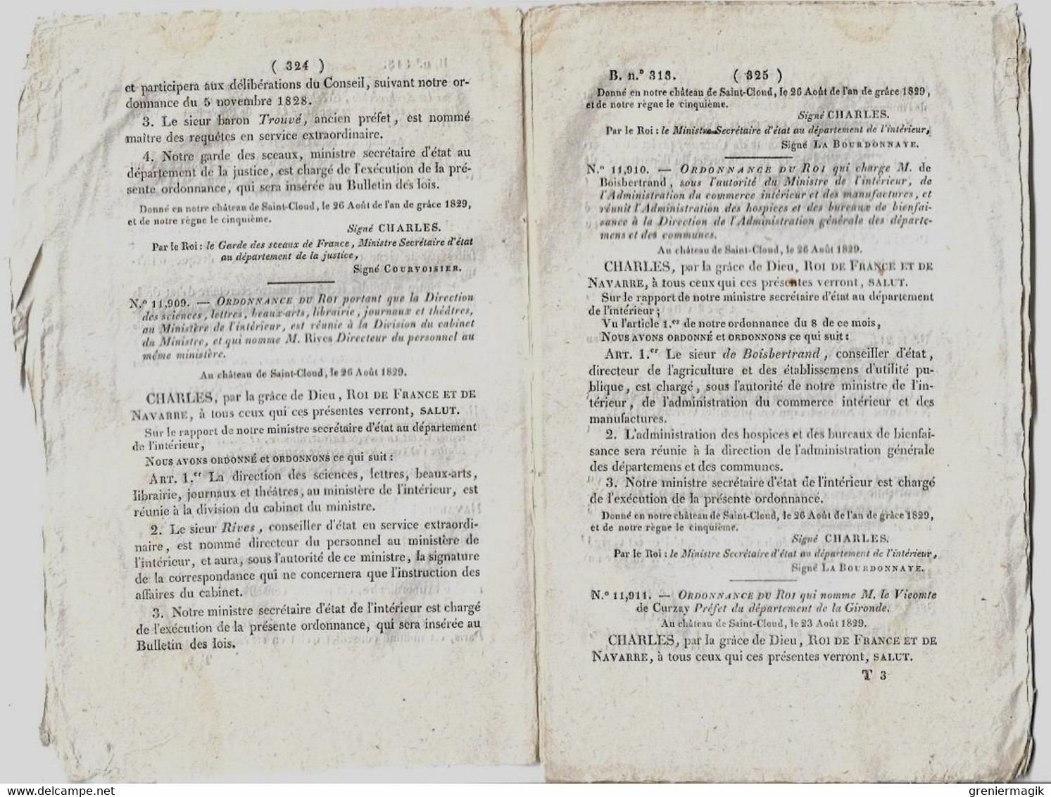 Bulletin Des Lois 313 1829 Frayssinous Evêque D'Hermopolis/Legs Auget De Monthyon Académie Des Sciences/Huissiers - Décrets & Lois