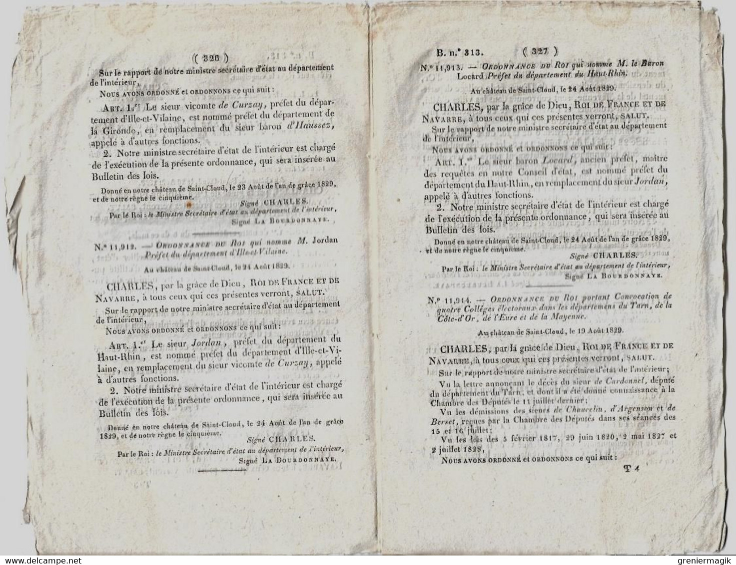 Bulletin Des Lois 313 1829 Frayssinous Evêque D'Hermopolis/Legs Auget De Monthyon Académie Des Sciences/Huissiers - Décrets & Lois