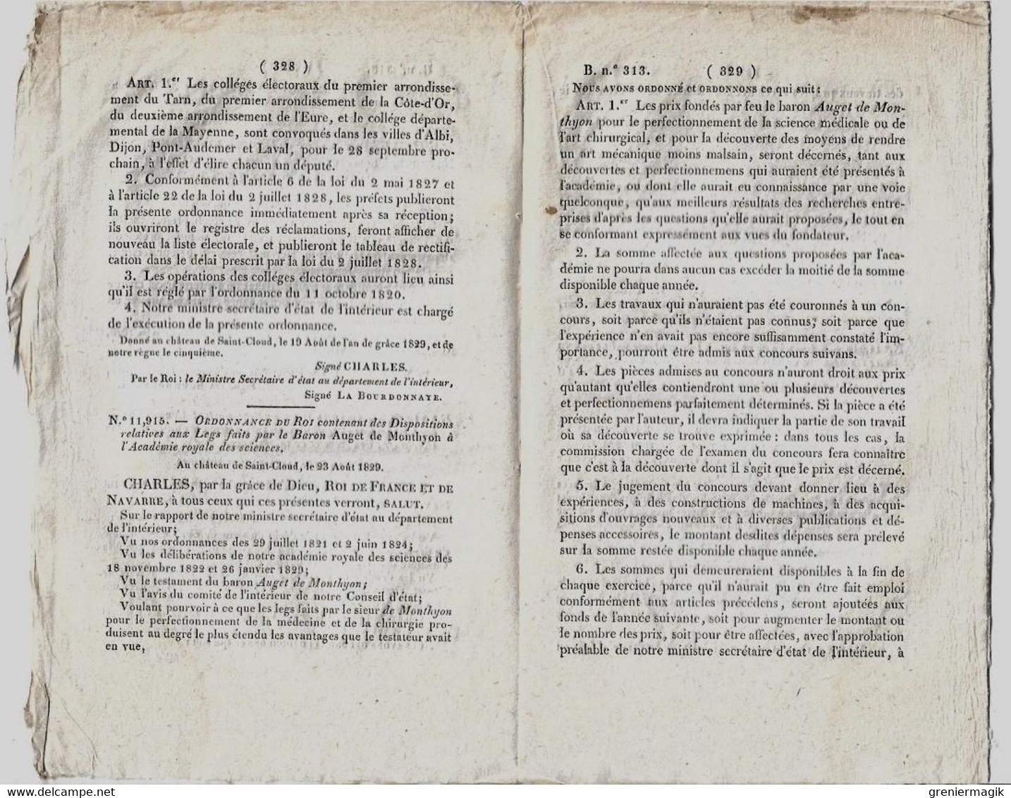 Bulletin Des Lois 313 1829 Frayssinous Evêque D'Hermopolis/Legs Auget De Monthyon Académie Des Sciences/Huissiers - Decreti & Leggi