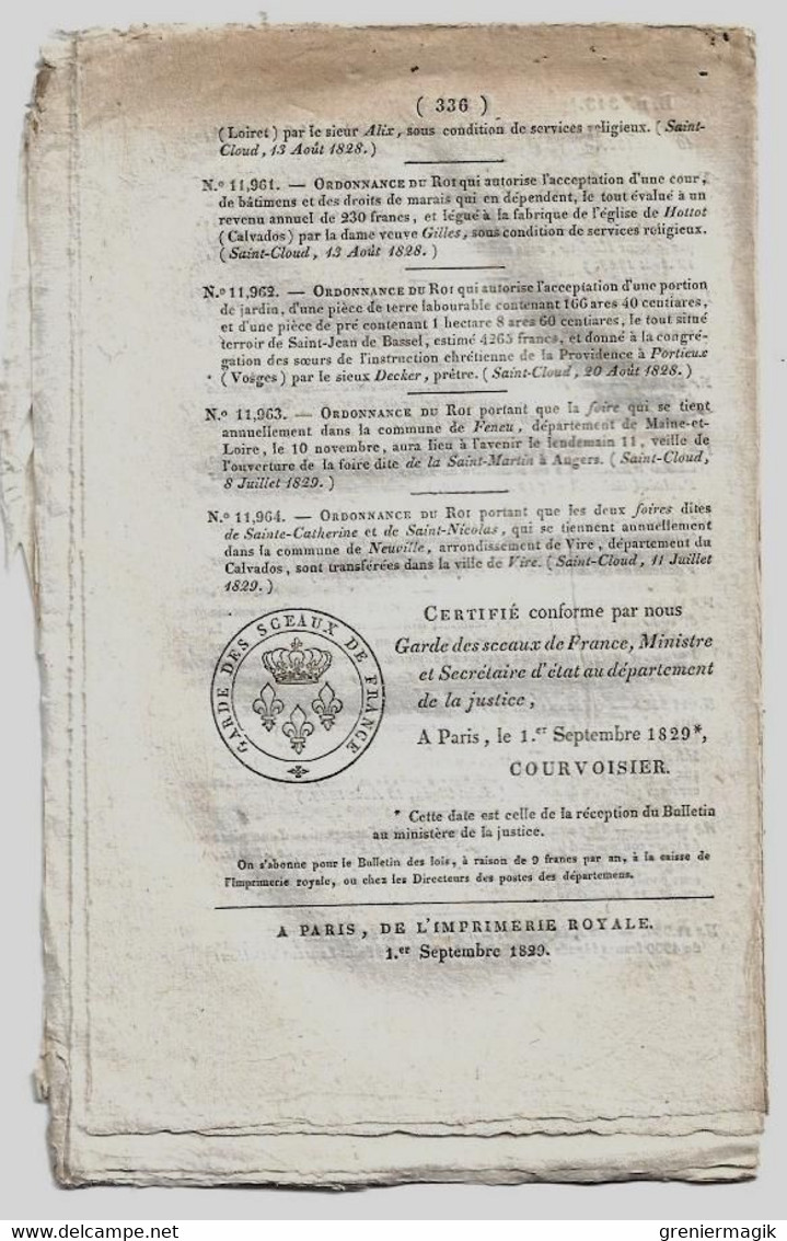 Bulletin des Lois 313 1829 Frayssinous Evêque d'Hermopolis/Legs Auget de Monthyon Académie des sciences/Huissiers