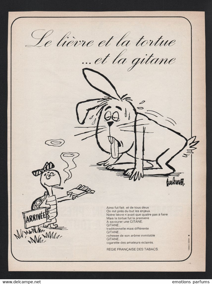 Publicite Papier 1965 Tabac Cigarettes GITANE Cigarette Fable De La Fontaine Lievre Tortue Humour Dessin BARBEROUSSE - Reclame