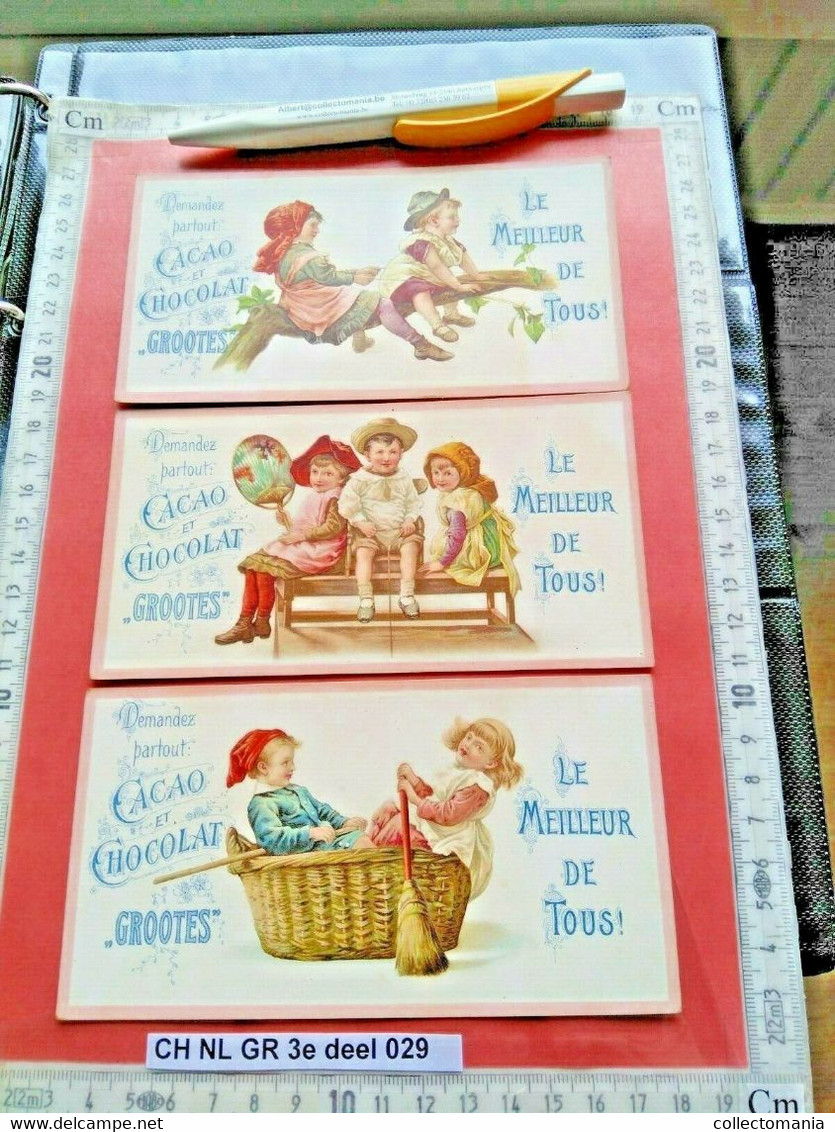 3 Cartes Chromo Litho, Superbe Around 1895 Litho Prints ART GROOTES Cocoa Chocolate Children Playing 15X8cm VG - Antiguas (hasta 1960)