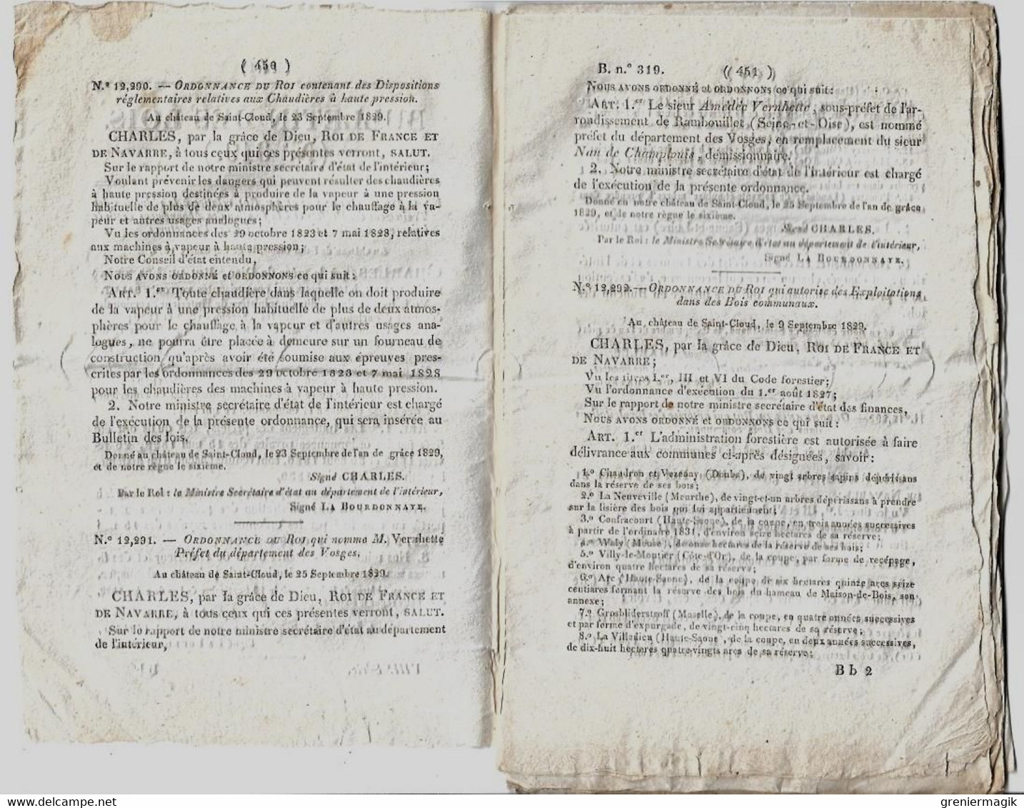 Bulletin Des Lois 319 1829 Chaudières à Haute Pression/Chemins Route Drôme Et Vaucluse/Chambaudoin D'Erceville - Decreti & Leggi