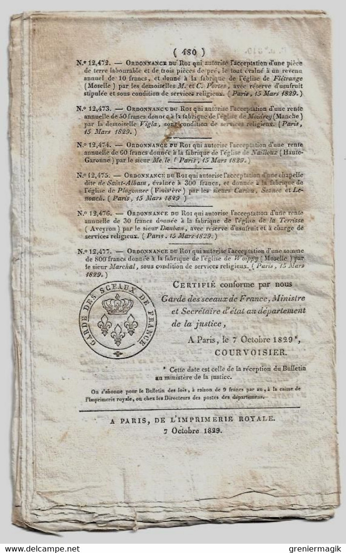 Bulletin des Lois 319 1829 Chaudières à haute pression/Chemins route Drôme et Vaucluse/Chambaudoin d'Erceville
