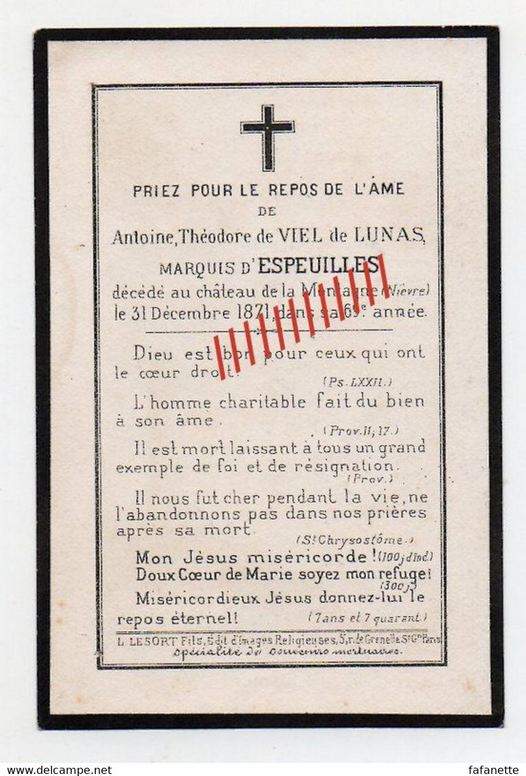 AVIS DE DECES DE 1871 - ANTOINE THEODORE DE VIEL DE LUNAS MARQUIS D'ESPEUILLES - CHATEAU DE LA MONTAGNE - 58 - NIEVRE - Avvisi Di Necrologio