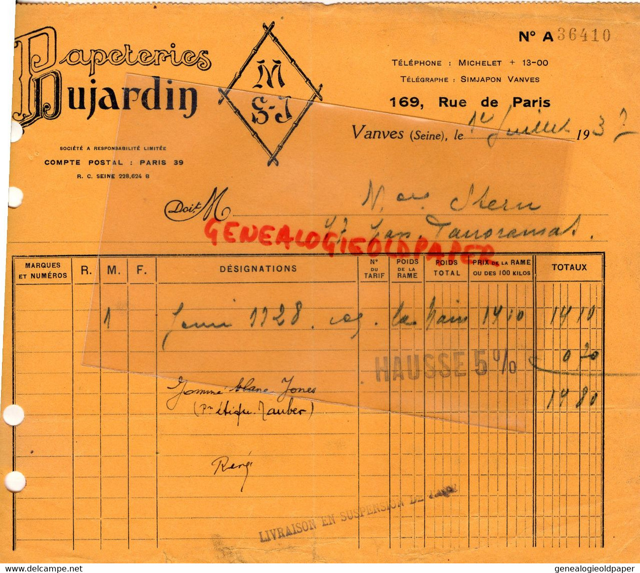 92 - VANVES - FACTURE PAPETERIES DUJARDIN -169 RUE DE PARIS -  1937  PAPETERIE - Druck & Papierwaren