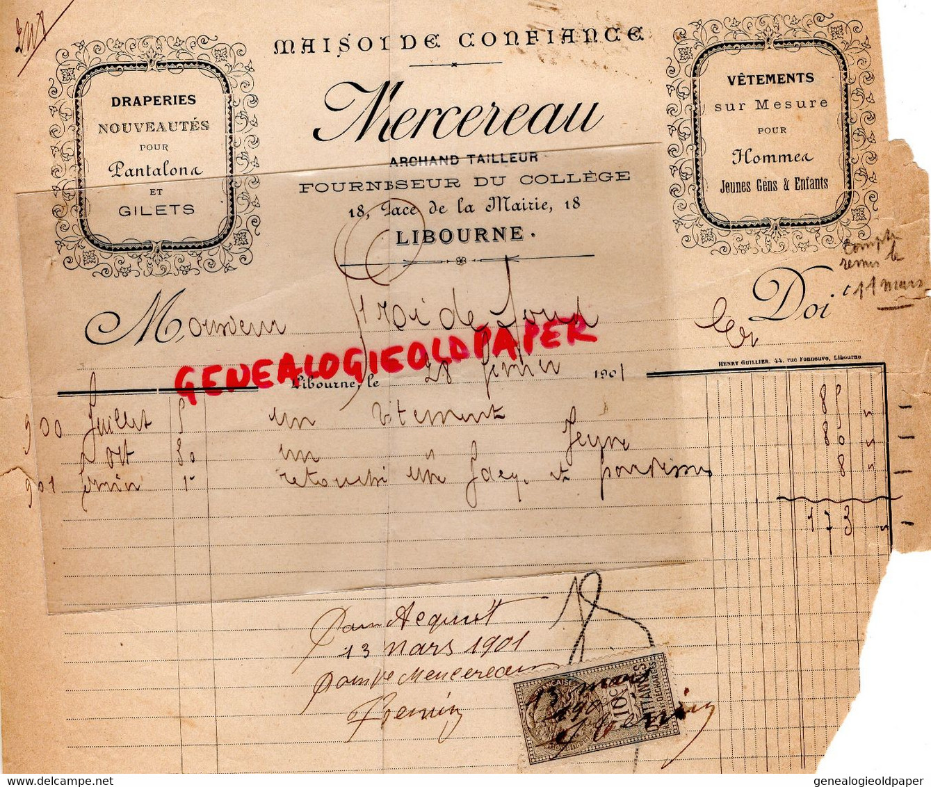 33- LIBOURNE- FACTURE MERCEREAU - MARCHAND TAILLEUR -FOURNISSEUR DU COLLEGE ECOLE- 18 PLACE MAIRIE- 1901 - Kleidung & Textil
