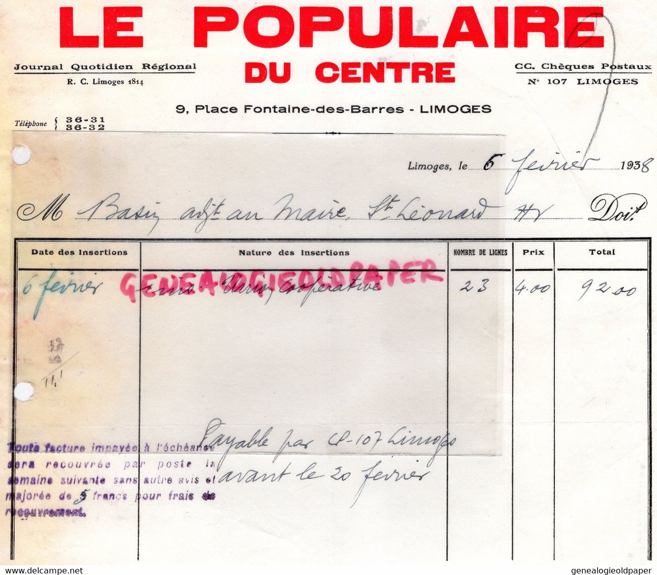 87- LIMOGES- FACTURE- LE POPULAIRE DU CENTRE-9 PLACE FONTAINE DES BARRES - 1938 - SAINT LEONARD DE NOBLAT - Imprimerie & Papeterie