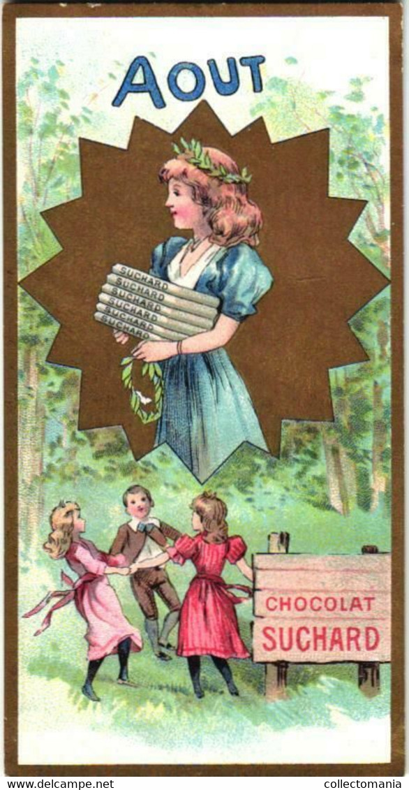 6 chromo litho cards chocolate SUCHARD set65B c1898 Months of the Year August- chromo litho