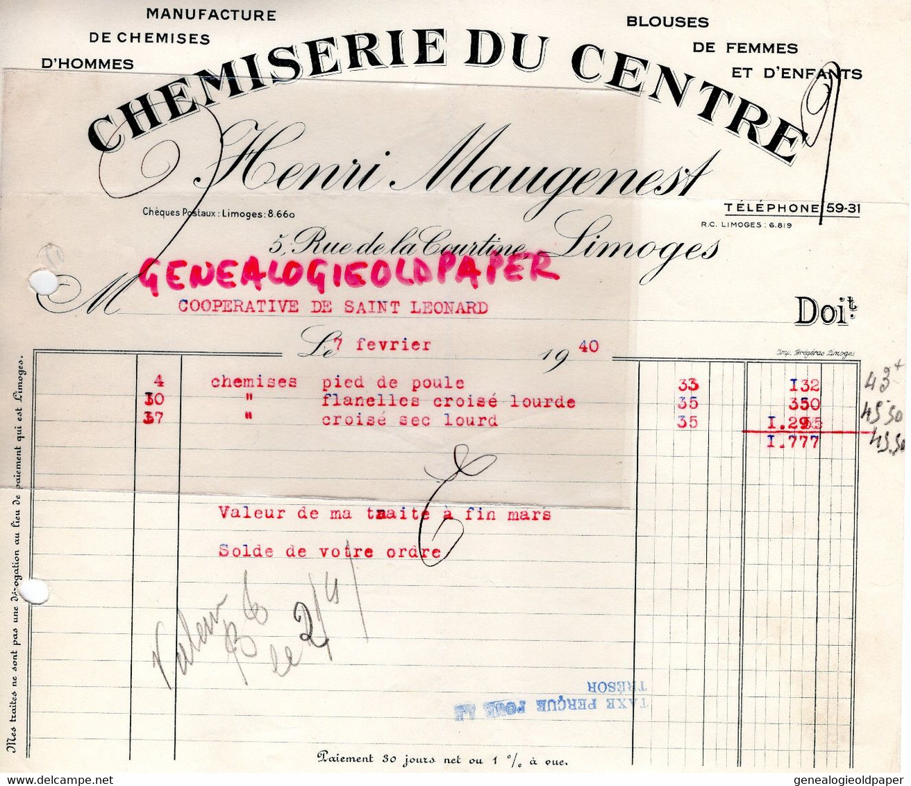 87- LIMOGES- FACTURE HENRI MAUGENEST - MANUFACTURE CHEMISE- CHEMISERIE DU CENTRE- 5 RUE DE LA COURTINE-1940 - Kleidung & Textil