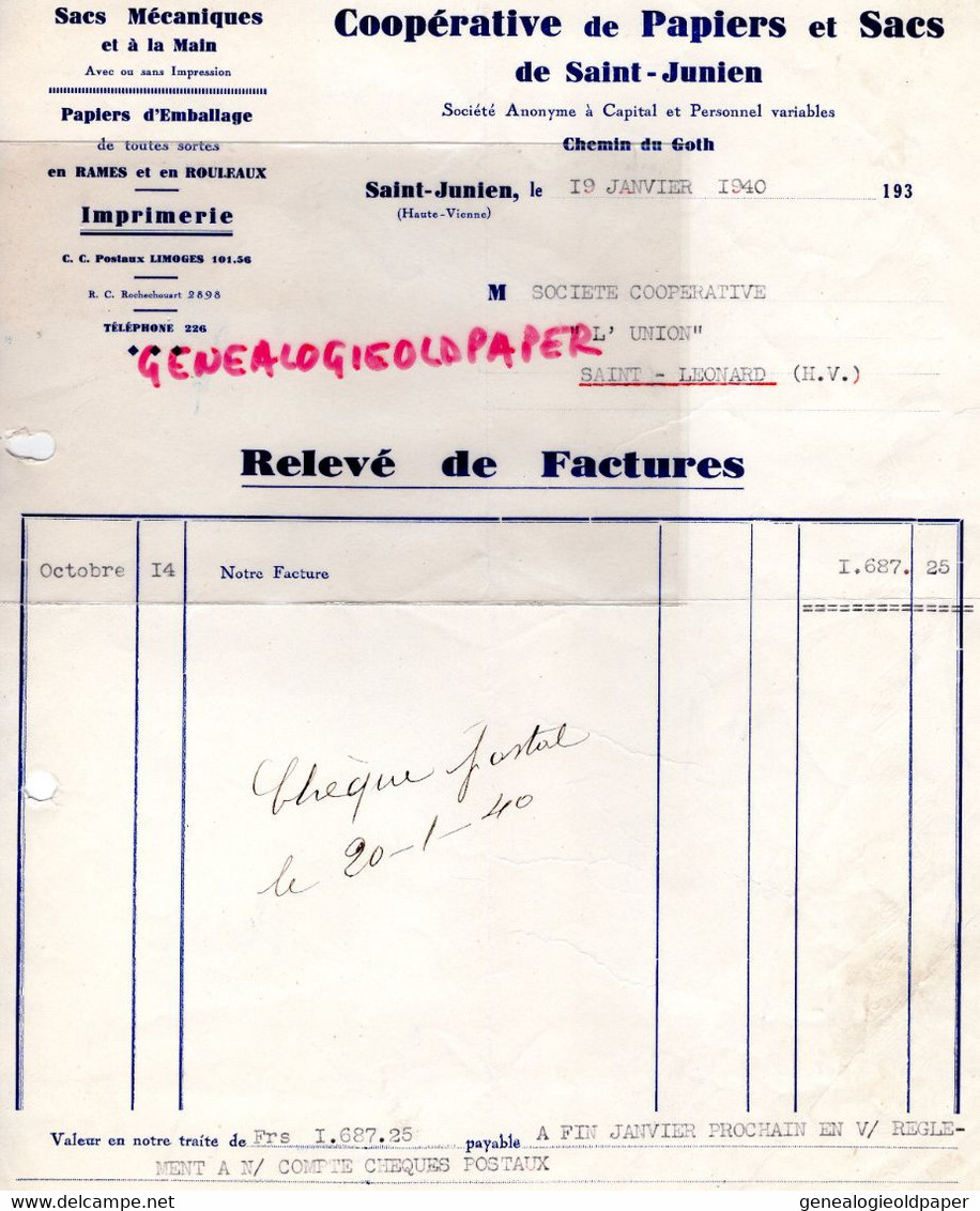 87 - SAINT JUNIEN - FACTURE COOPERATIVE PAPIERS ET SACS - IMPRIMERIE PAPIERS EMBALLAGE- CHEMIN DU GOTH-1940 - Printing & Stationeries