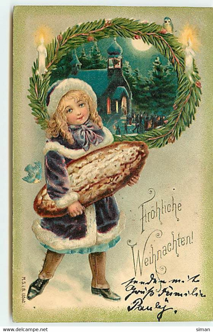 N°18134 - Carte Gaufrée - Fröhliche Weihnachten - Fillette Portant Un Gros Pain - Autres & Non Classés