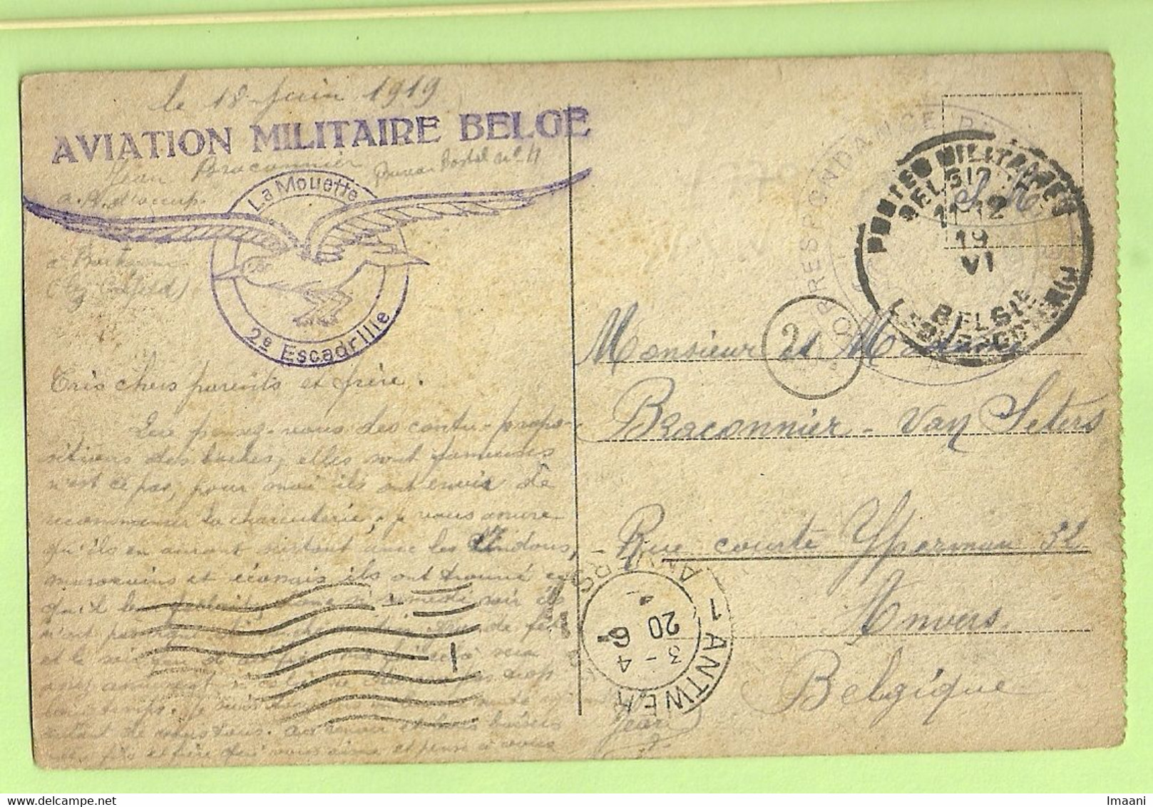 Kaart CREFELD Met Stempel PMB 19/6/19 Met Stempel AVIATION MILITAIRE BELGE / La Mouette- 2°Escadrille (3496) - Marques D'armées