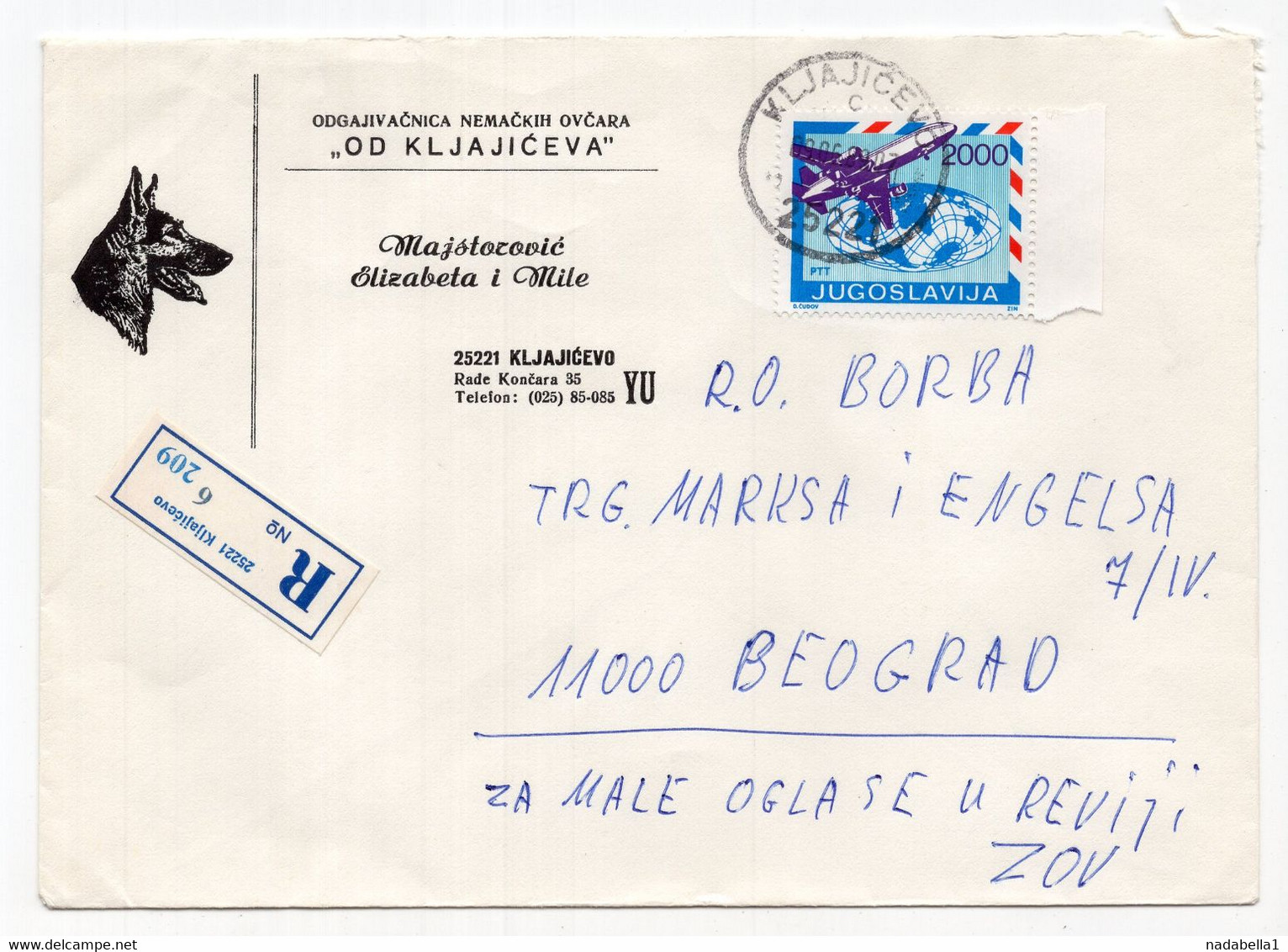 1989. YUGOSLAVIA,SERBIA,KLJAJICEVO TO BELGRADE REGISTERED COVER,GERMAN SHEPHERD DOG - Cartas & Documentos