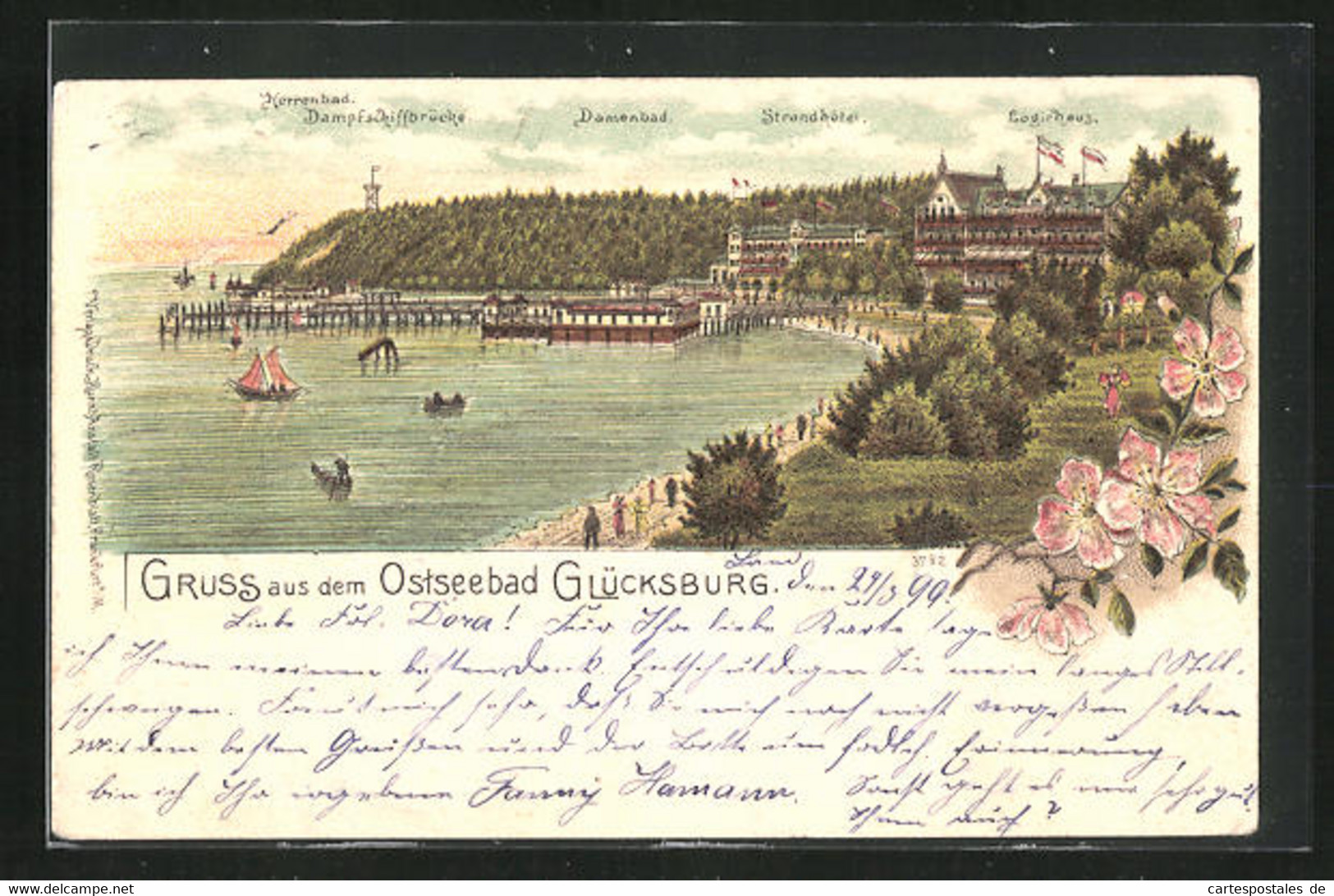 Lithographie Glücksburg, Strandhotel Mit Damenbad Und Dampfschiffbrücke - Glücksburg
