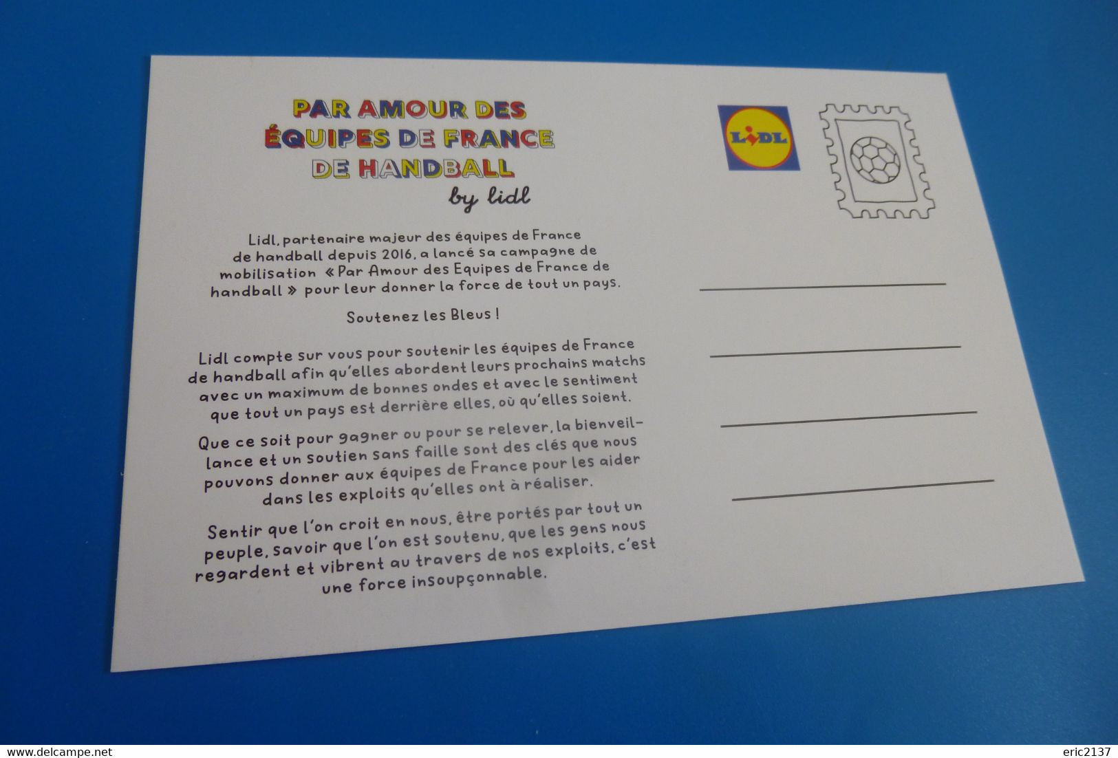 BELLE CARTE PUBLICITE LIDL ...AMOUR DES EQUIPES DE FRANCE DE HANDBALL - Pallamano