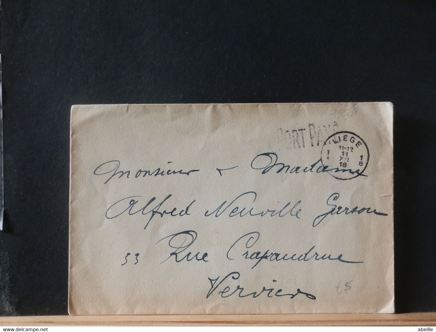 B5509  LETTRE BELGE  GRIFFE PORT PAYE DE LIEGE 1918 POUR VERVIERS - Franchise