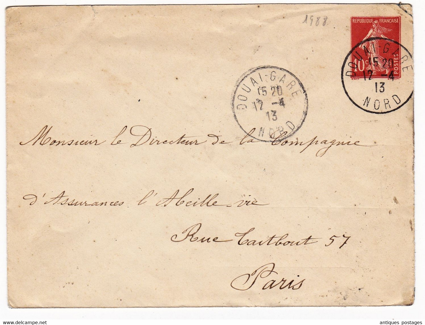 Lettre 1913 Entier Postal Semeuse 10 Centimes Douai Nord Gare Assurance Abeille - Standard- Und TSC-Briefe (vor 1995)