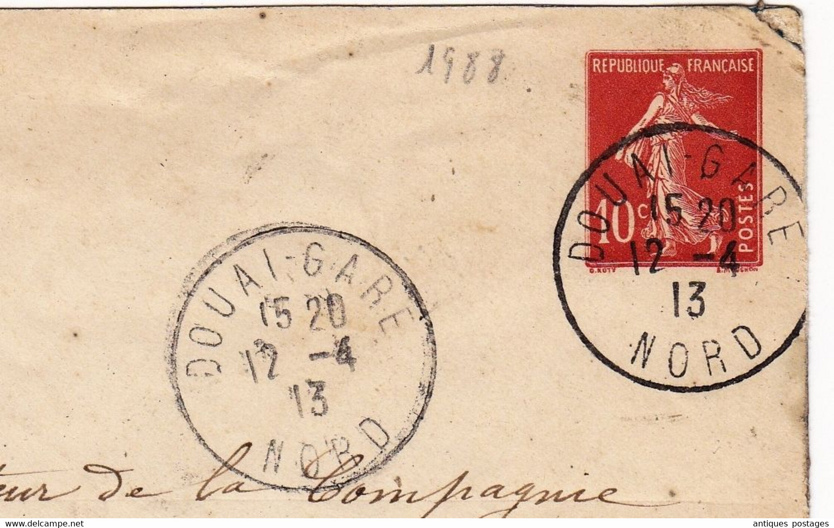 Lettre 1913 Entier Postal Semeuse 10 Centimes Douai Nord Gare Assurance Abeille - Standard Covers & Stamped On Demand (before 1995)