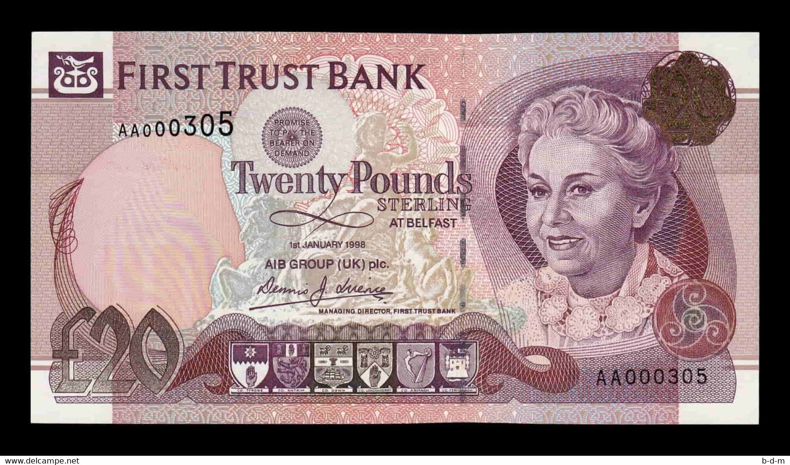 Irlanda Del Norte Northern Ireland 20 Pounds 1998 Pick 137a AA Low Serial SC UNC - 20 Pounds