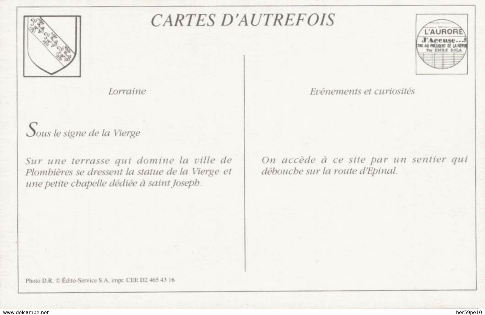 CARTE D'AUTREFOIS  EVENEMENT ET CURIOSITES LORRAINE SOUS LE SIGNE DE LA VIERGE - Lorraine