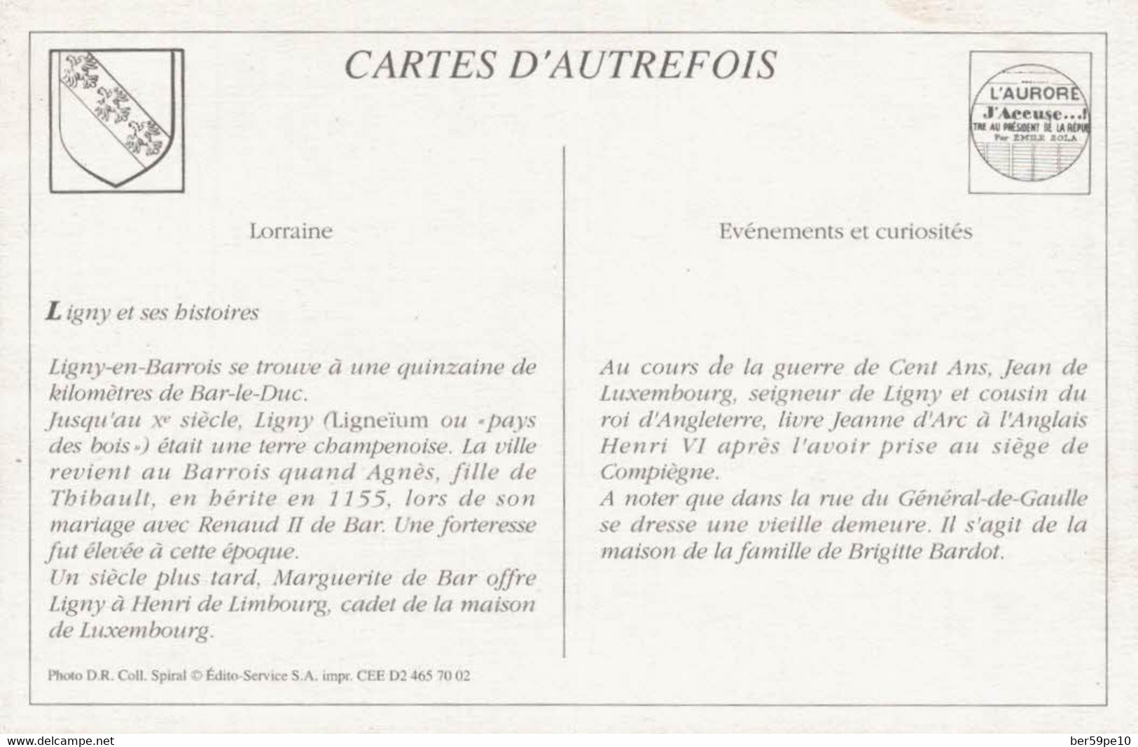 CARTE D'AUTREFOIS  EVENEMENT ET CURIOSITES LORRAINE LIGNY ET SES HISTOIRES - Lorraine
