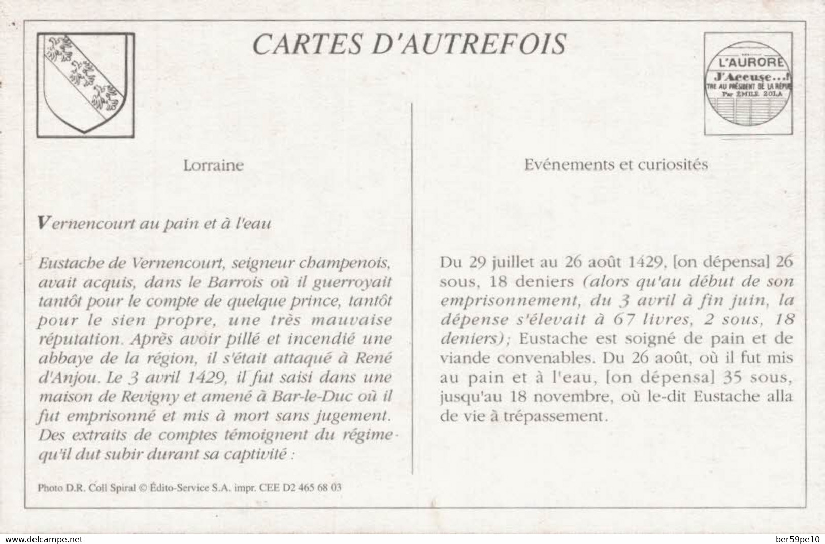 CARTE D'AUTREFOIS  EVENEMENT ET CURIOSITES LORRAINE VERNENCOURT AU PAIN ET A L'EAU - Lorraine