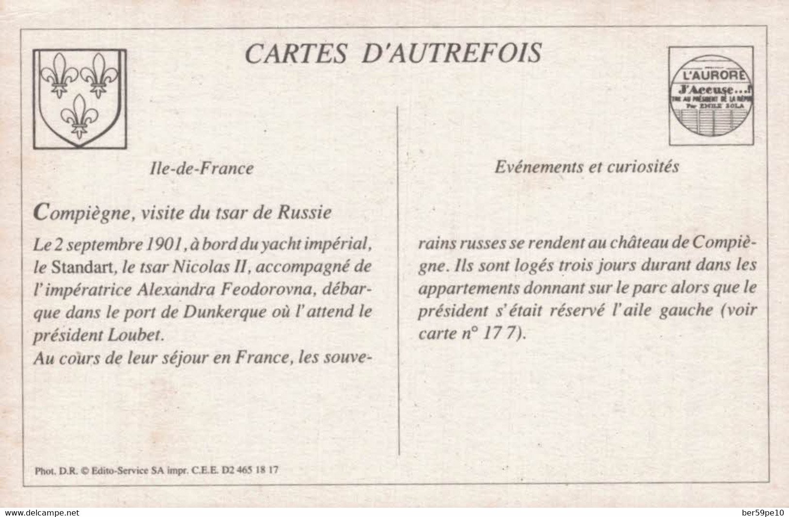 CARTE D'AUTREFOIS  EVENEMENT ET CURIOSITES ILE DE FRANCE COMPIEGNE VISITE DU TSAR DE RUSSIE - Lorraine