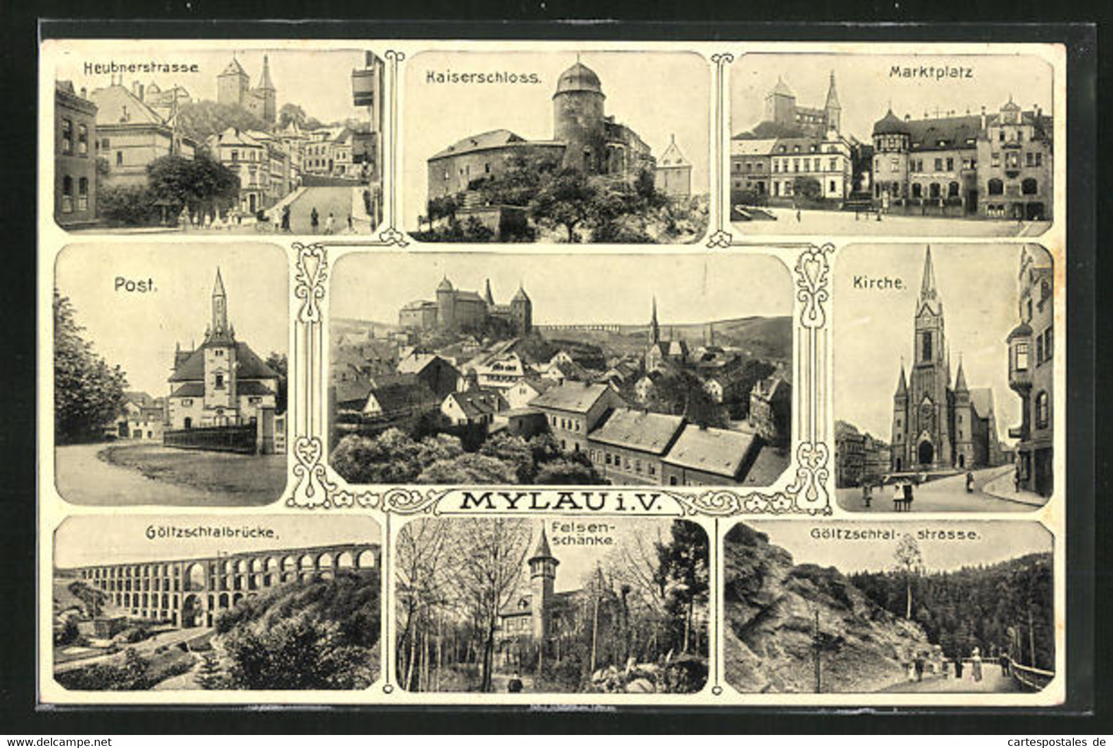 AK Mylau I. V., Gasthaus Felsenschänke, Göltzschtalstrasse, Heubnerstrasse - Mylau