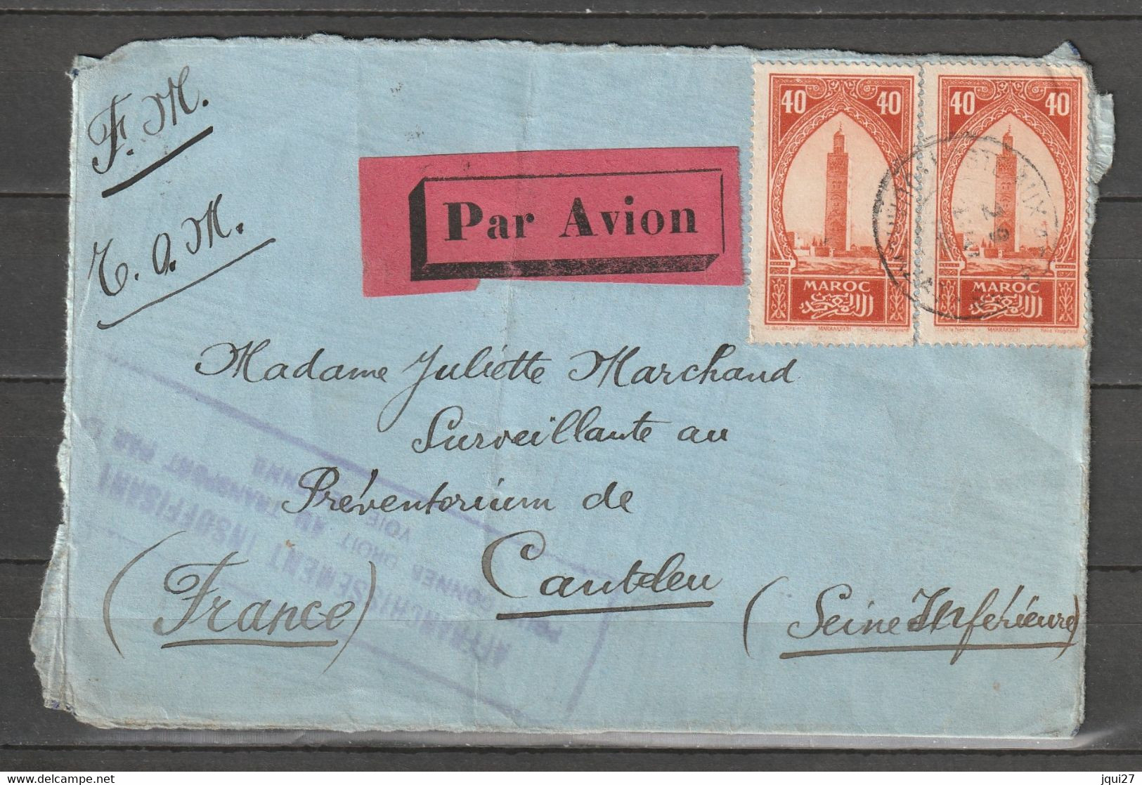 Maroc 1930, Cachet Poste Aux Armées Ouarzazate, Affranch. Insuffisant Pour Donner Droit Au Transport Par Voie Aérienne - Briefe U. Dokumente