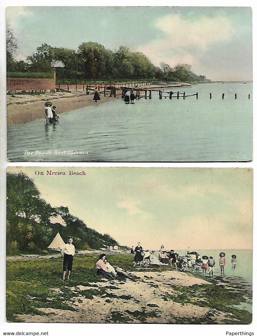 2 Early Colour Postcards, West  Mersea, Beach, Tent, People, Children, Seaside. 1906. - Colchester