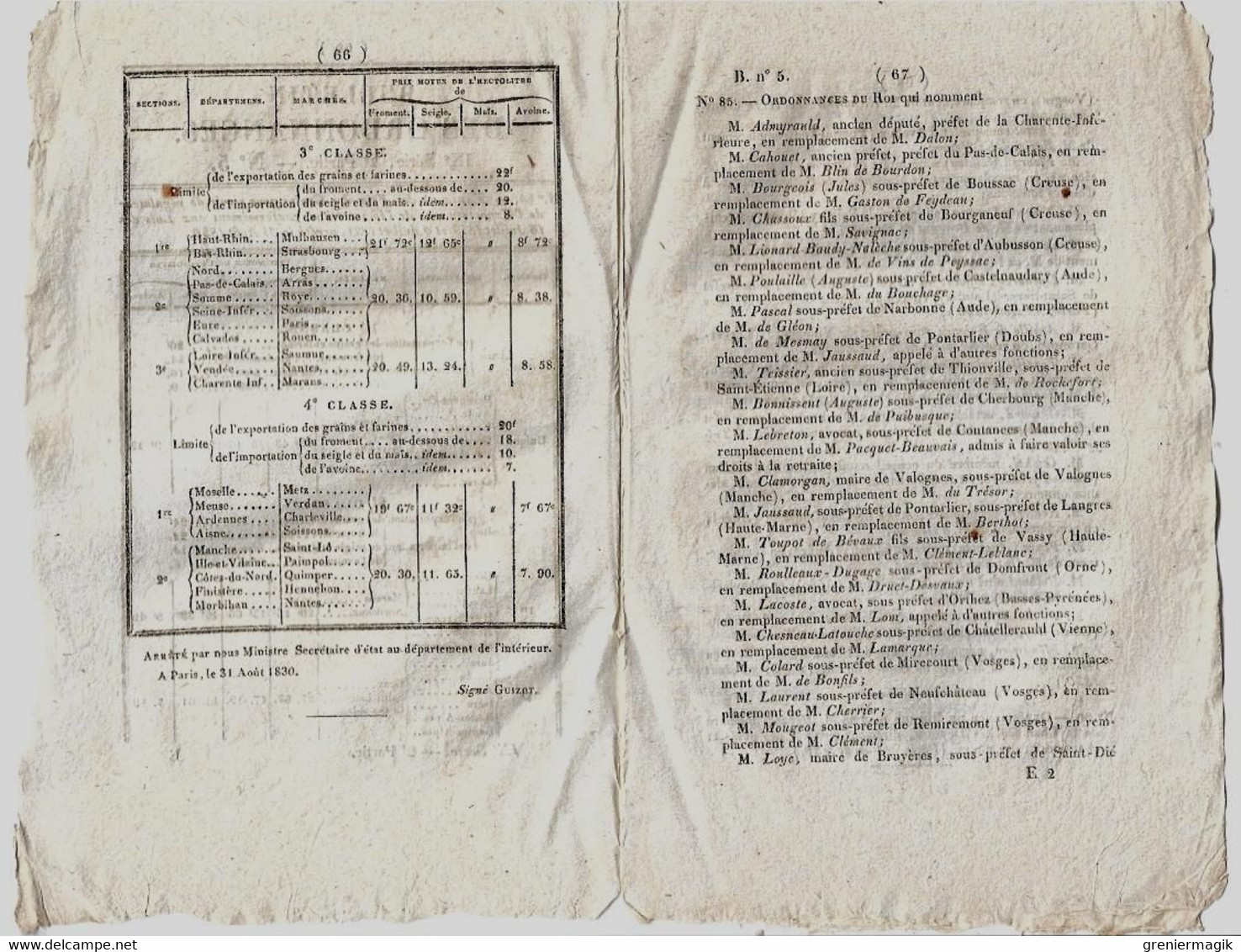 Bulletin Des Ordonnances (lois) N°5 1830 Nomination Des Membres Du Conseil D'amirauté, Préfets/Comité D'artillerie - Decretos & Leyes