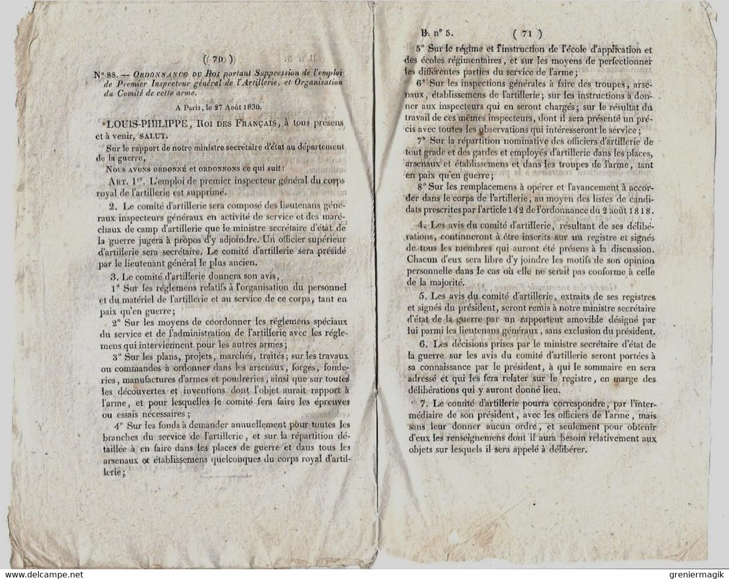 Bulletin Des Ordonnances (lois) N°5 1830 Nomination Des Membres Du Conseil D'amirauté, Préfets/Comité D'artillerie - Decretos & Leyes