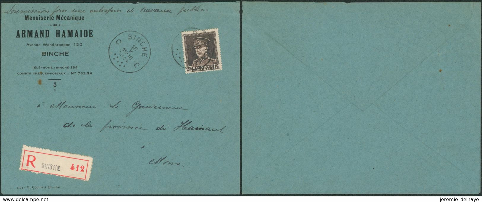 Képi - N°321 Sur Lettre En Recommandé "Menuiserie Mécanique" (Binche 1934) > Mons - 1931-1934 Képi