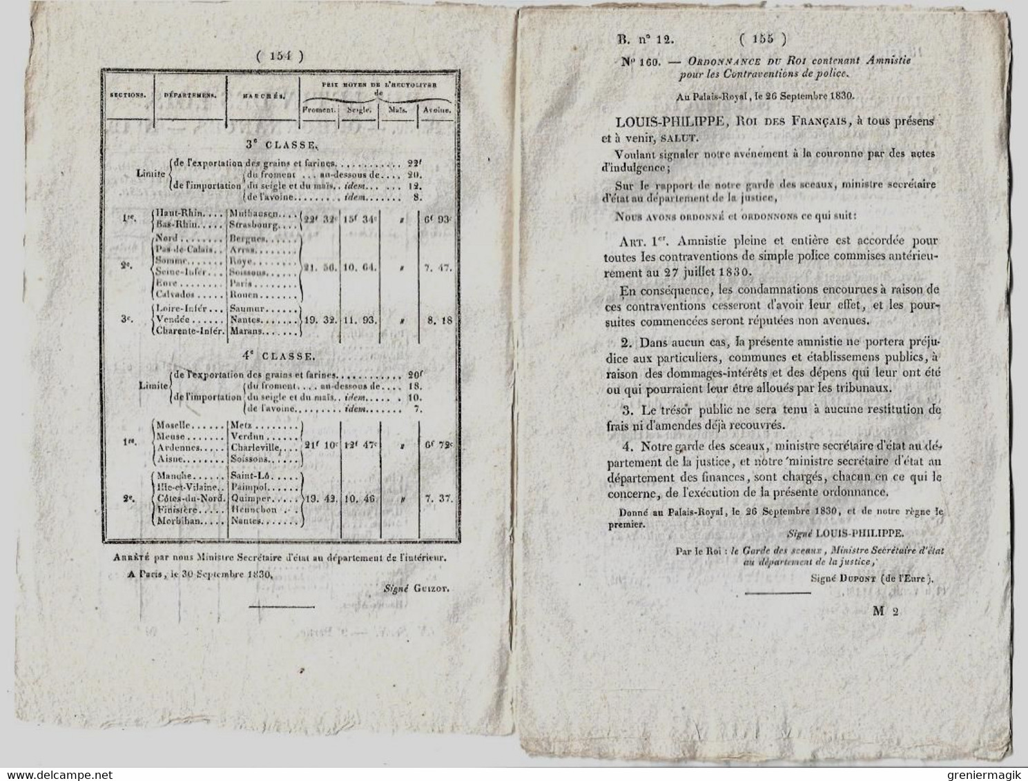 Bulletin Des Lois N°12 1830 Approvisionnement De Paris Pendant état De Siège (farines)/Amnistie Contraventions De Police - Decreti & Leggi