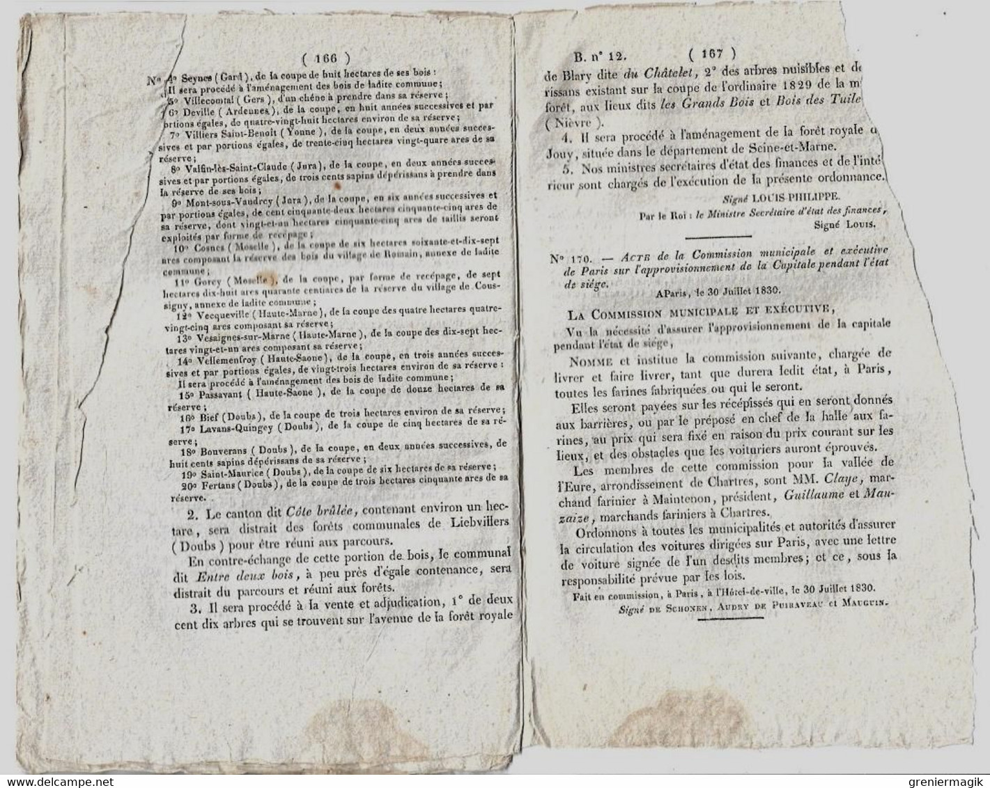Bulletin des lois n°12 1830 Approvisionnement de Paris pendant état de siège (farines)/Amnistie contraventions de police