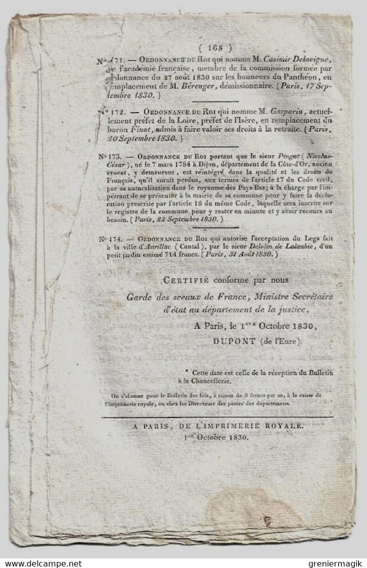 Bulletin des lois n°12 1830 Approvisionnement de Paris pendant état de siège (farines)/Amnistie contraventions de police