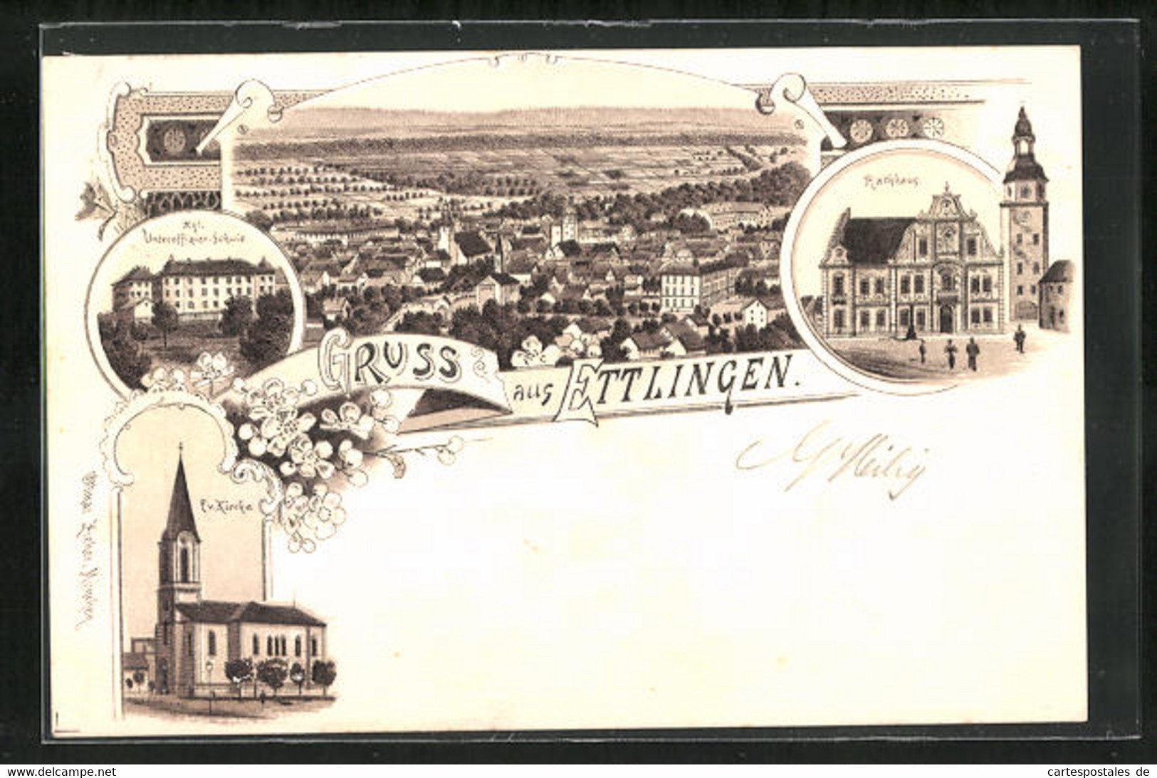 Lithographie Ettlingen, Gesamtansicht Mit Rathaus Und Kirche - Ettlingen