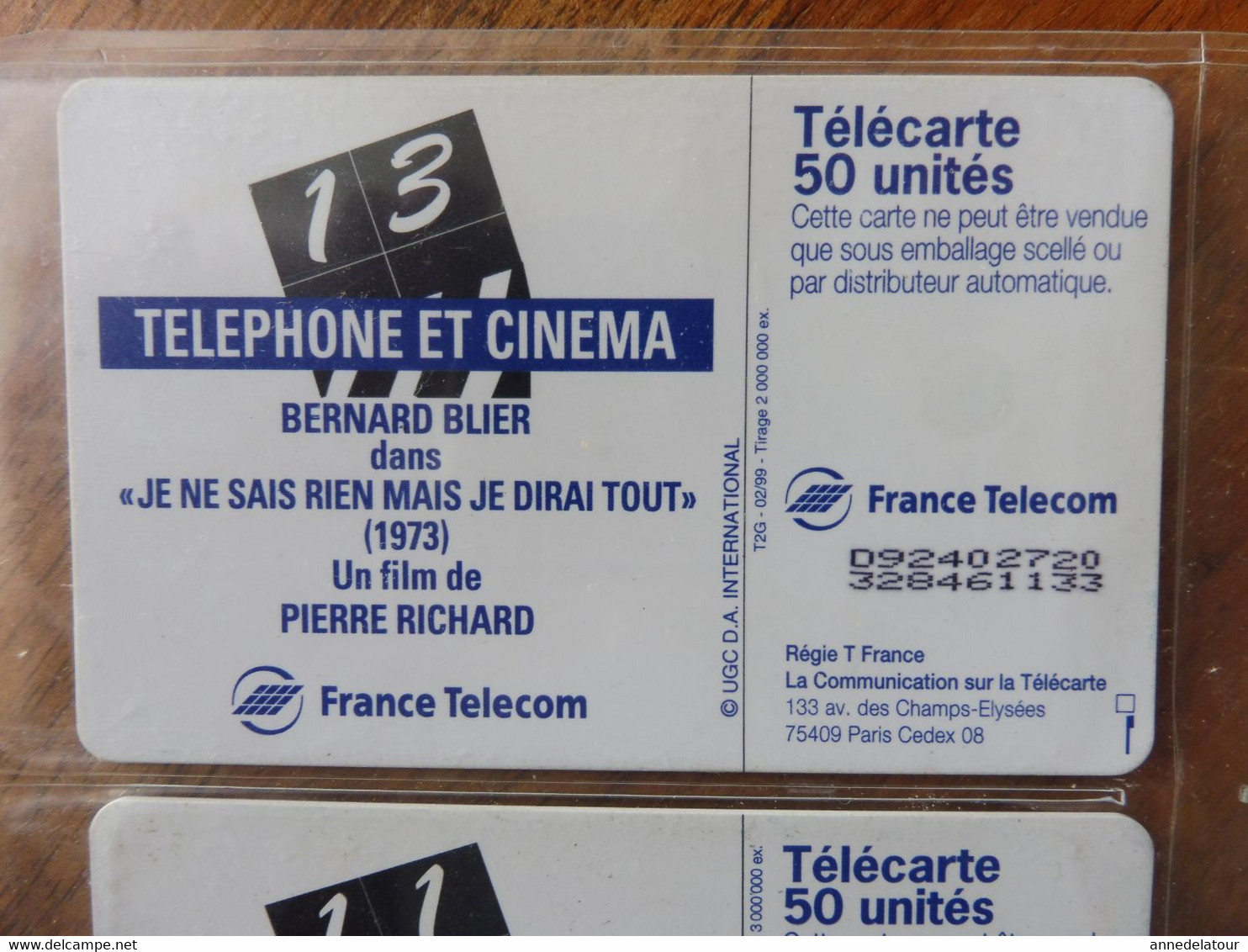 10 télécartes FRANCE TELECOM  Téléphone et Cinéma (Blier ,Piccoli ,Gabin ,Signoret ,Clavier ,Trintignan ,Polanski , etc)